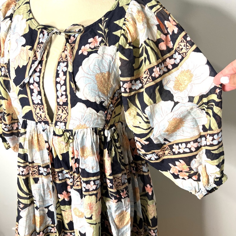 Billabong Floral Midi Dress Puff Sleeves Tie Back Pockets Lined Boho  SZ S EUC - Picture 4 of 8